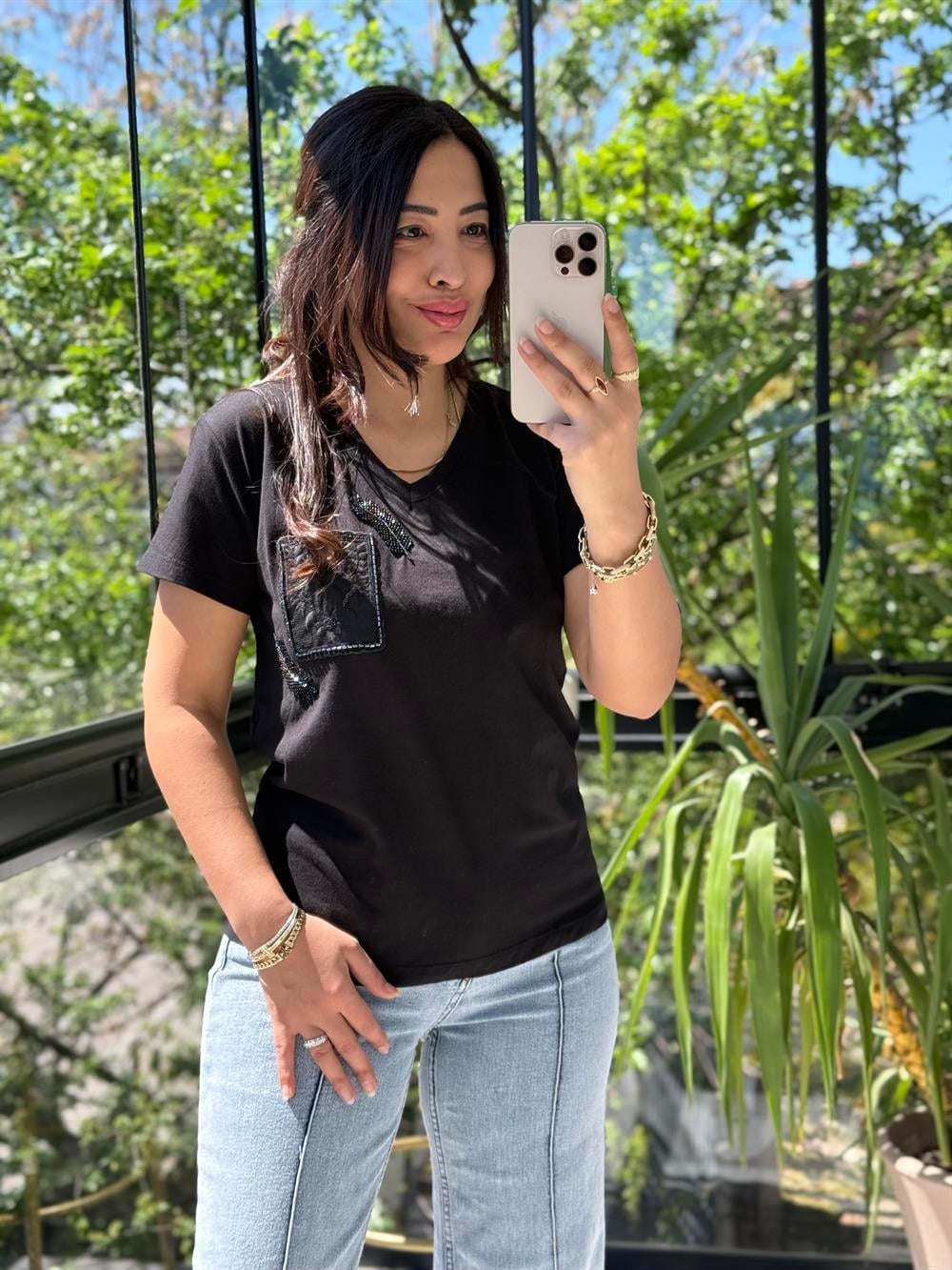 Başak Cep Detaylı Tişört Siyah