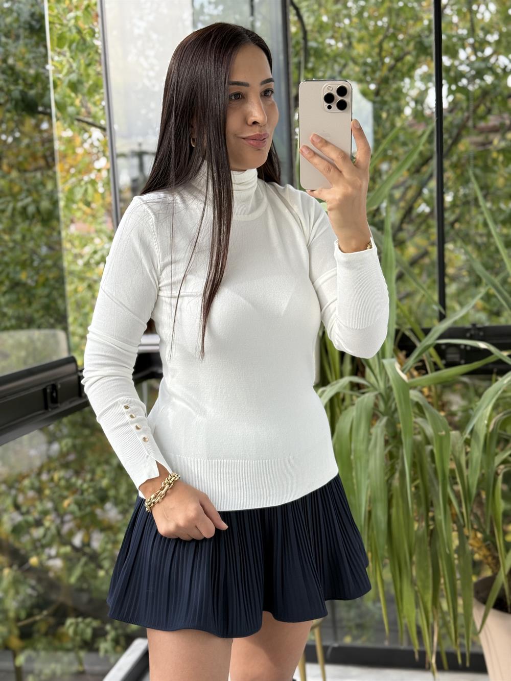 Dilvin Balıkçı Yaka Kol Ortası Droplu Triko Ekru 