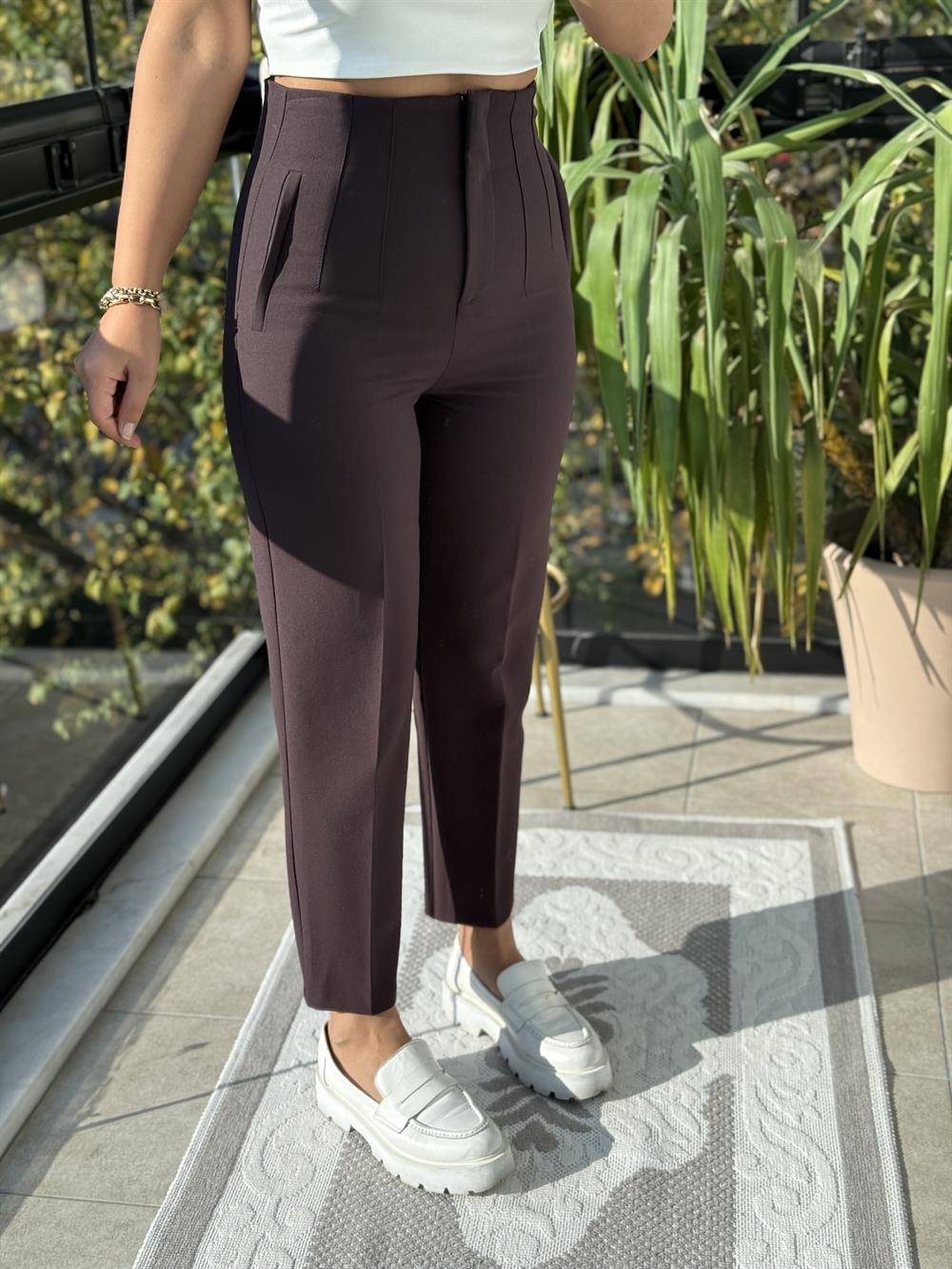 Düğmesiz Zra Model Kumaş Pantolon Kahve