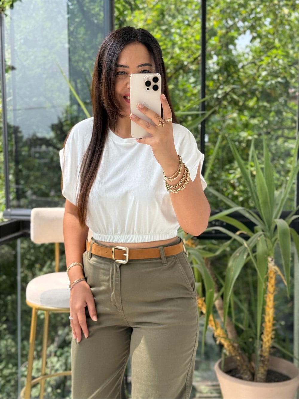 Beli Lastikli Crop Tişört Ekru