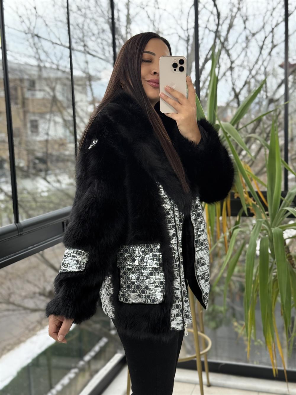 İthal Kruvaze Fermuarlı Payetli Kürk Siyah