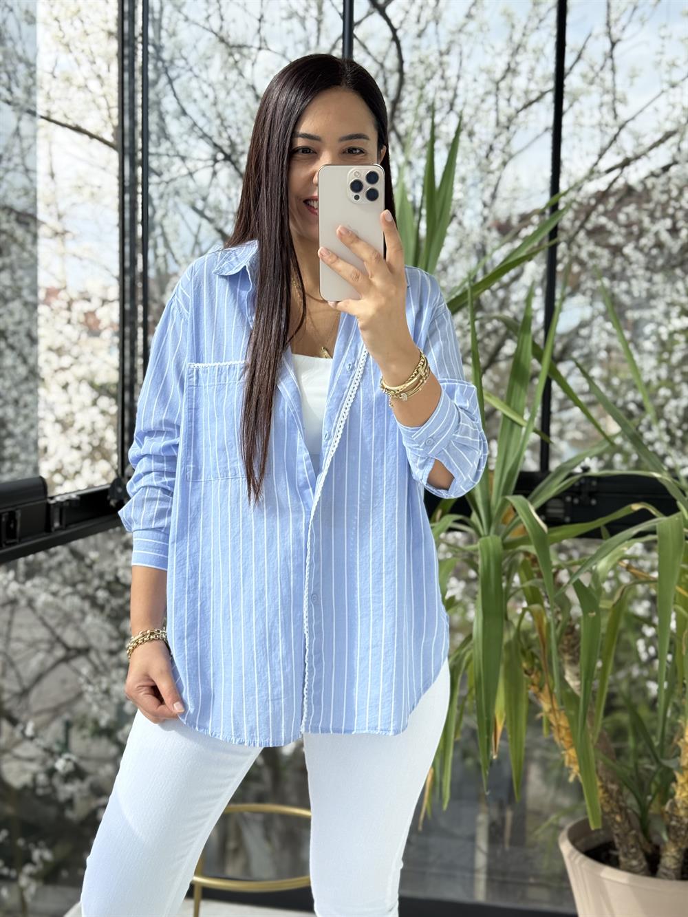 Motif Çizgili Cepli Gömlek Mavi