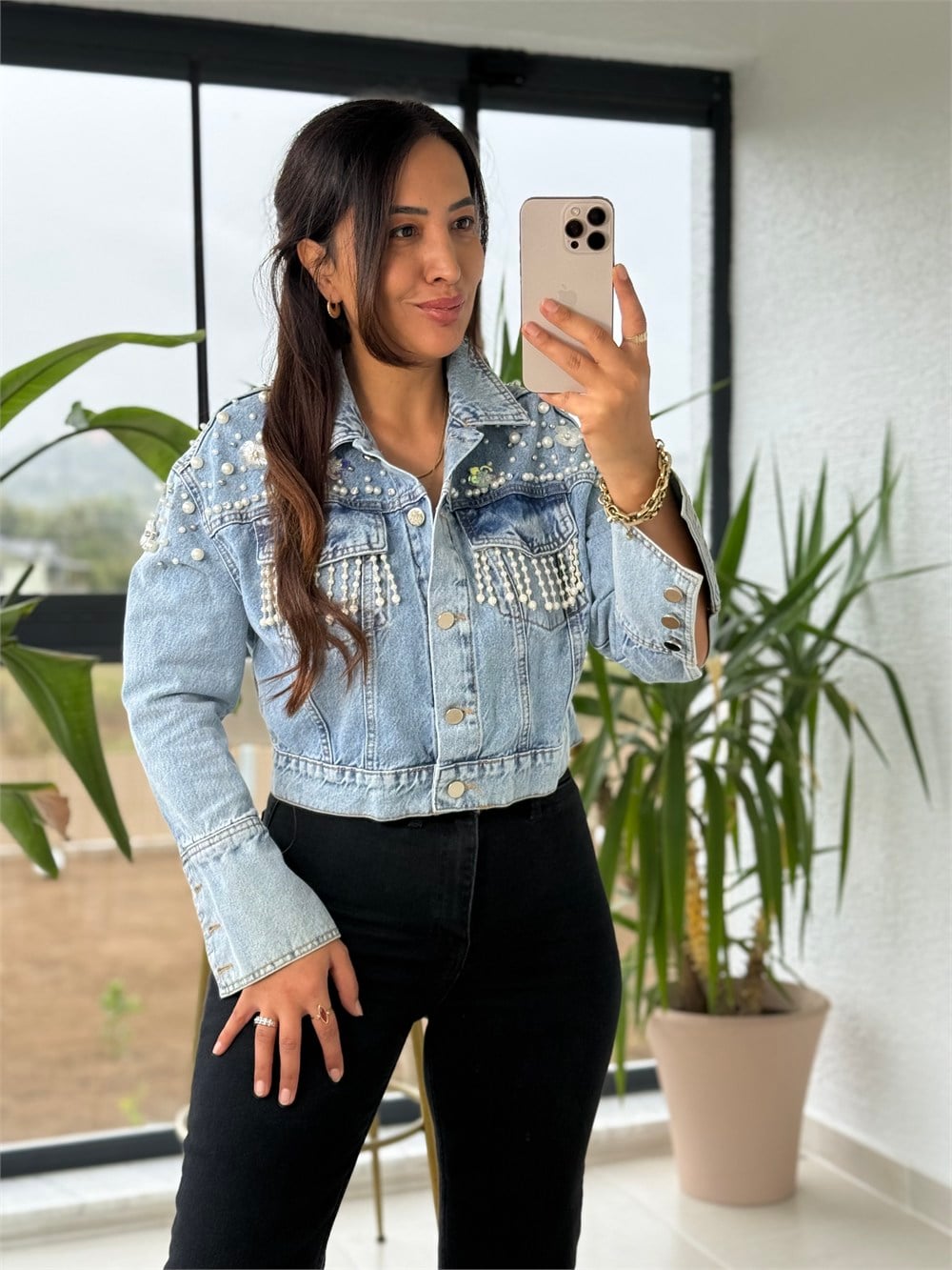 Taşlı Kısa Denim Ceket Mavi