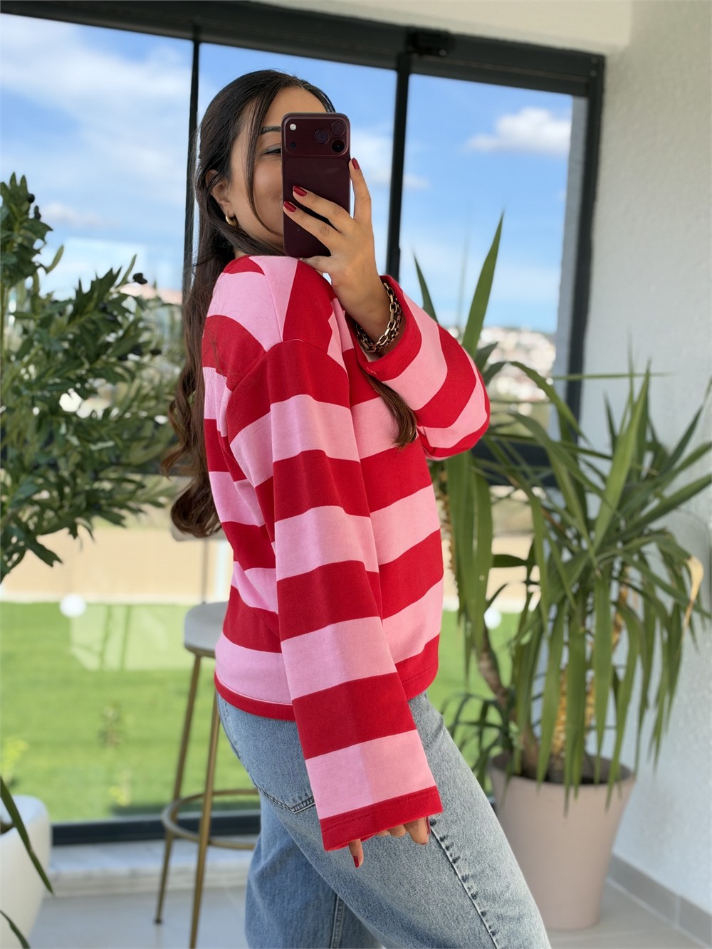 Kalın Çizgili New York Ctiy Sweatshirt Kırmızı