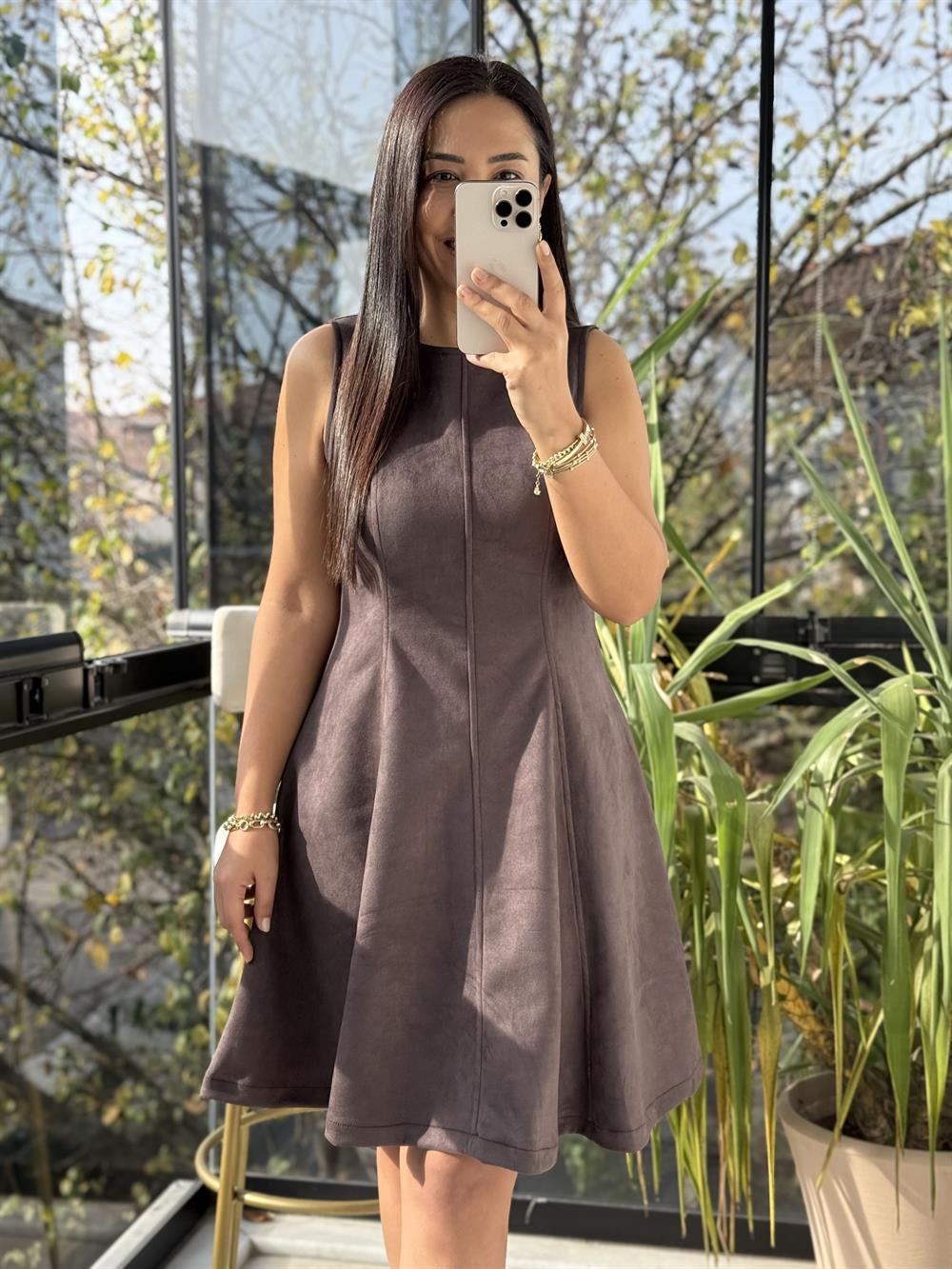 Volanlı Süet Elbise Kahve