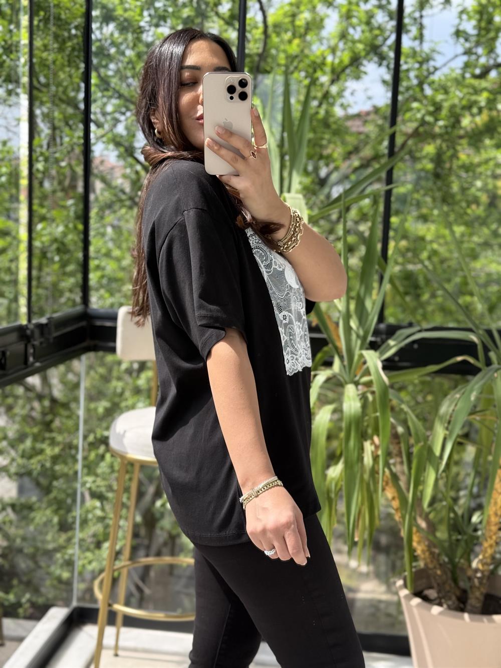 Tül Detaylı Yazılı Tişört Siyah