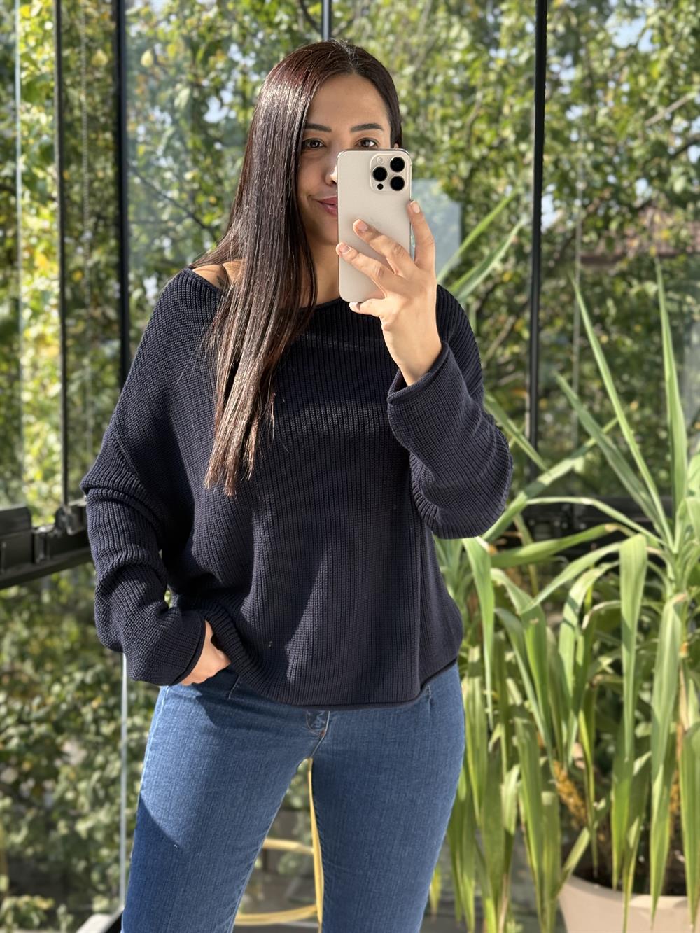 Dilvin Kayık Yaka Basic Triko Kazak Lacivert