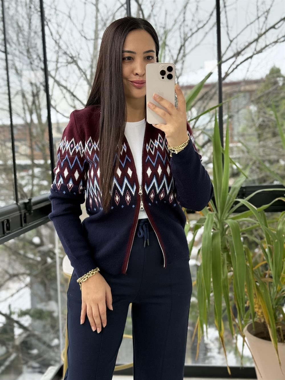 Geometrik Desenli Çift fermuarlı Hırka Lacivert