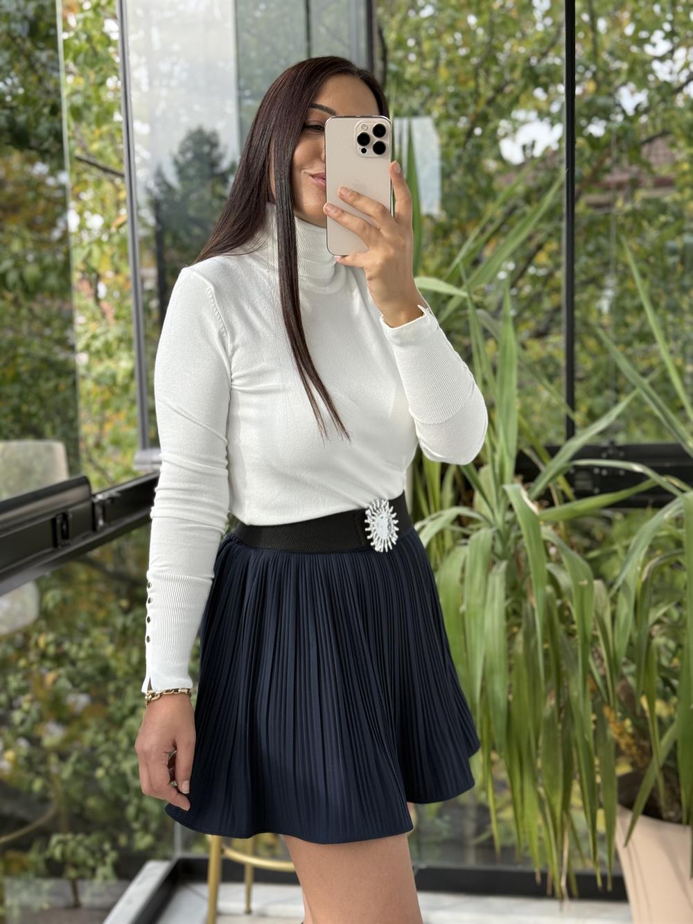 Dilvin Balıkçı Yaka Kol Ortası Droplu Triko Ekru 