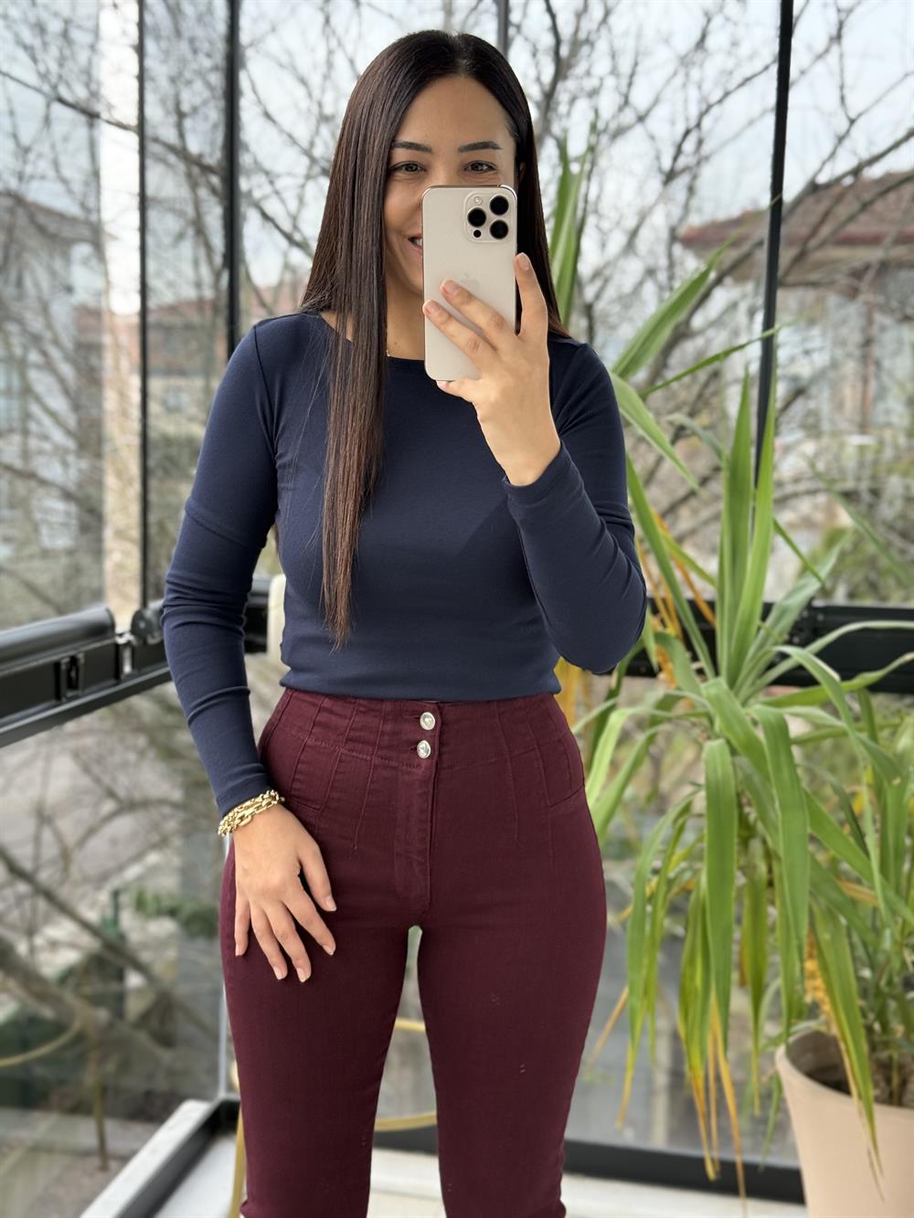 Dilvin Kayık Yaka Uzun Kollu Top Bluz Lacivert