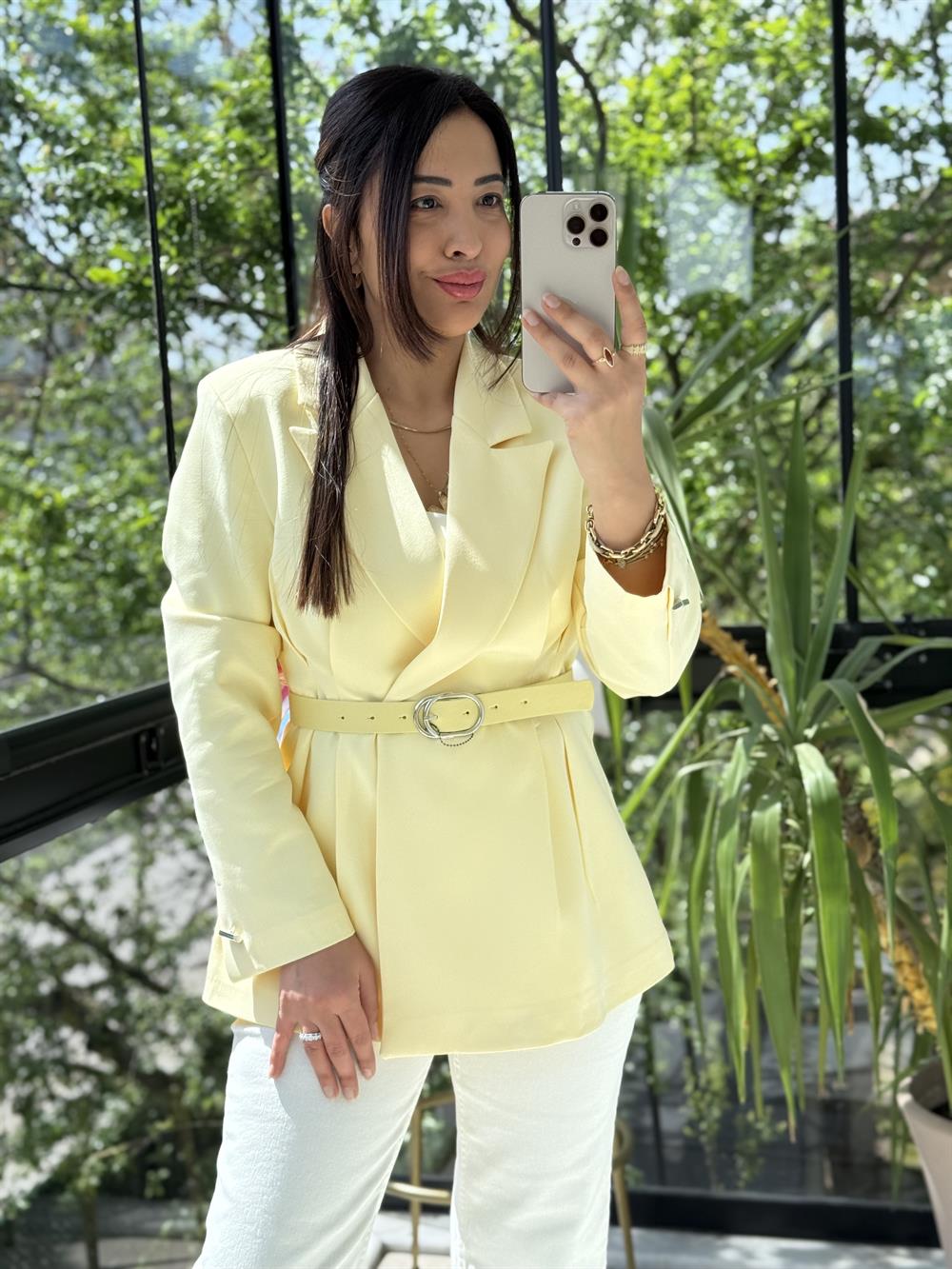 Çift Pileli Şallı Ceket Sarı