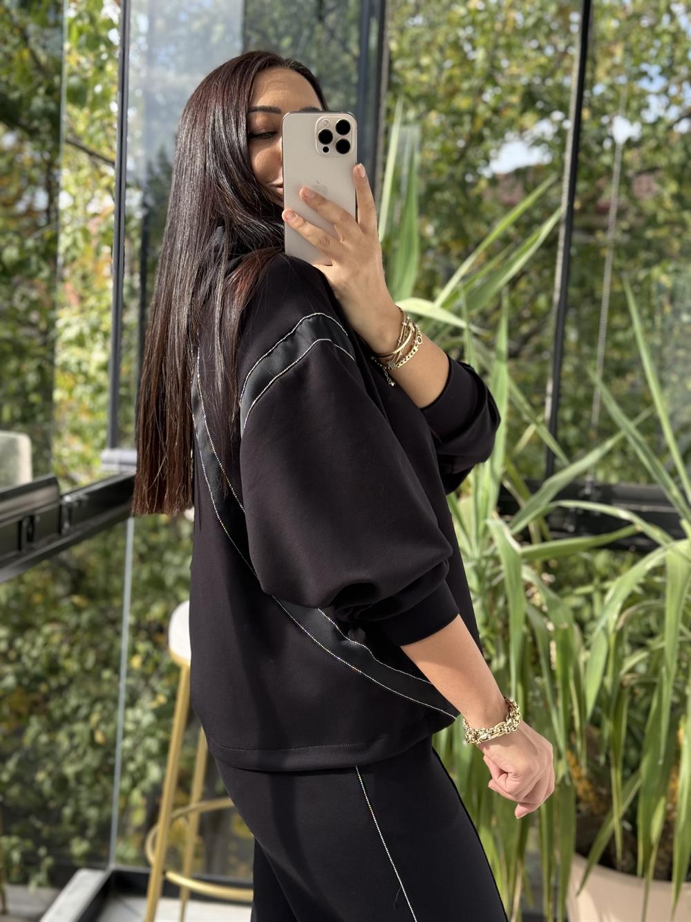 Taşlı Şeritli Takım Siyah