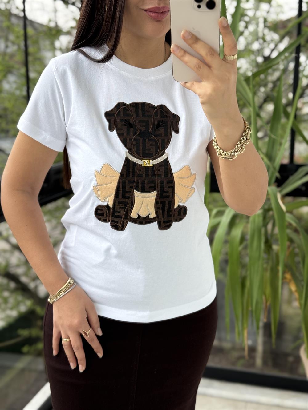 Trend Dog işlemeli Tişört Beyaz