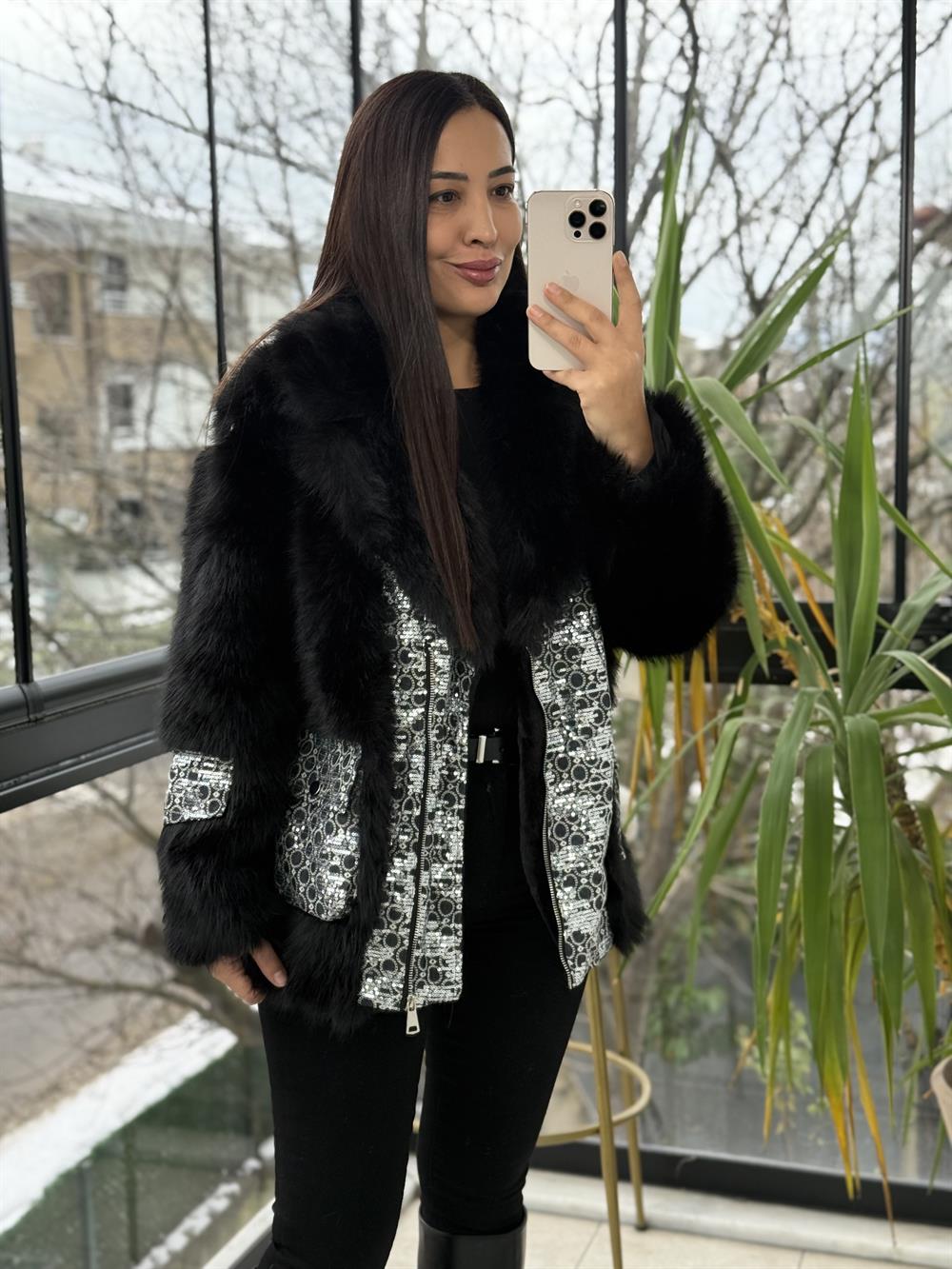 İthal Kruvaze Fermuarlı Payetli Kürk Siyah