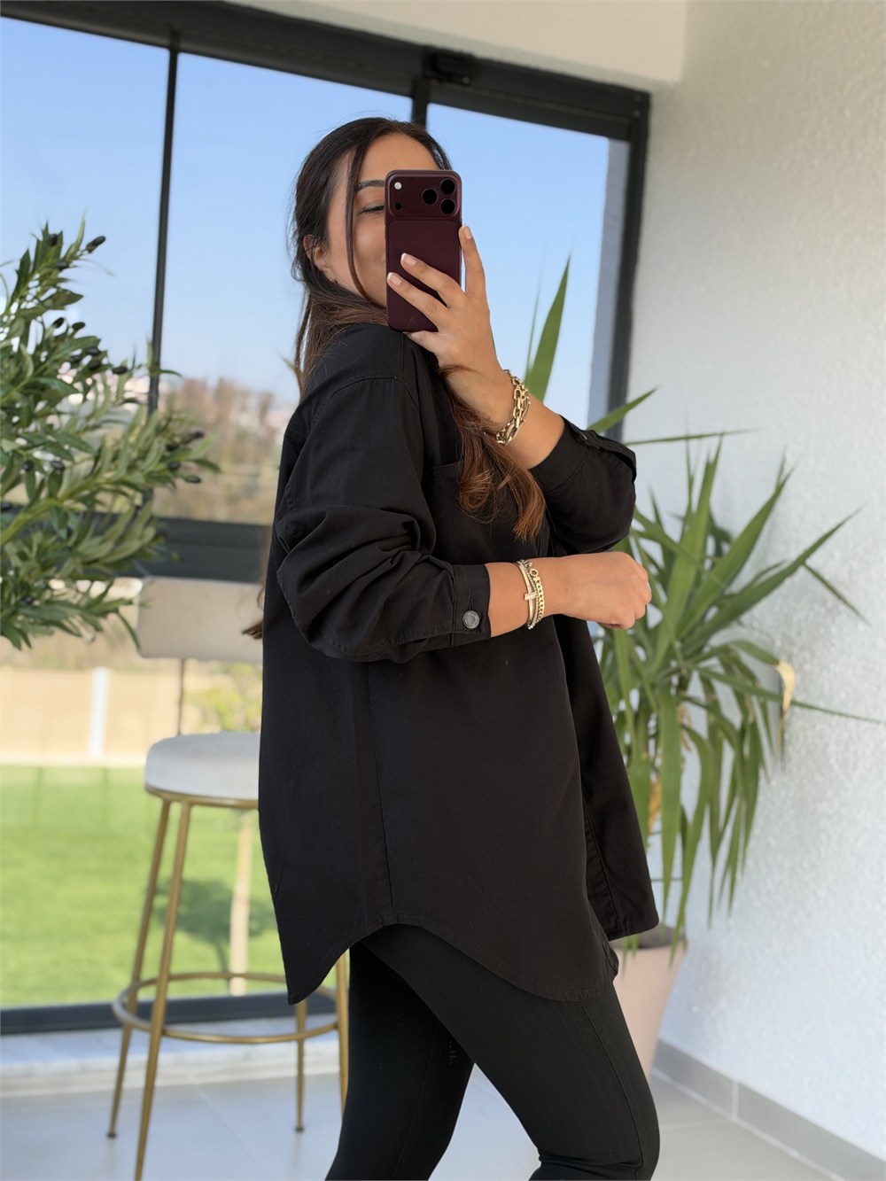 Düğmeli Oversize Gömlek Siyah