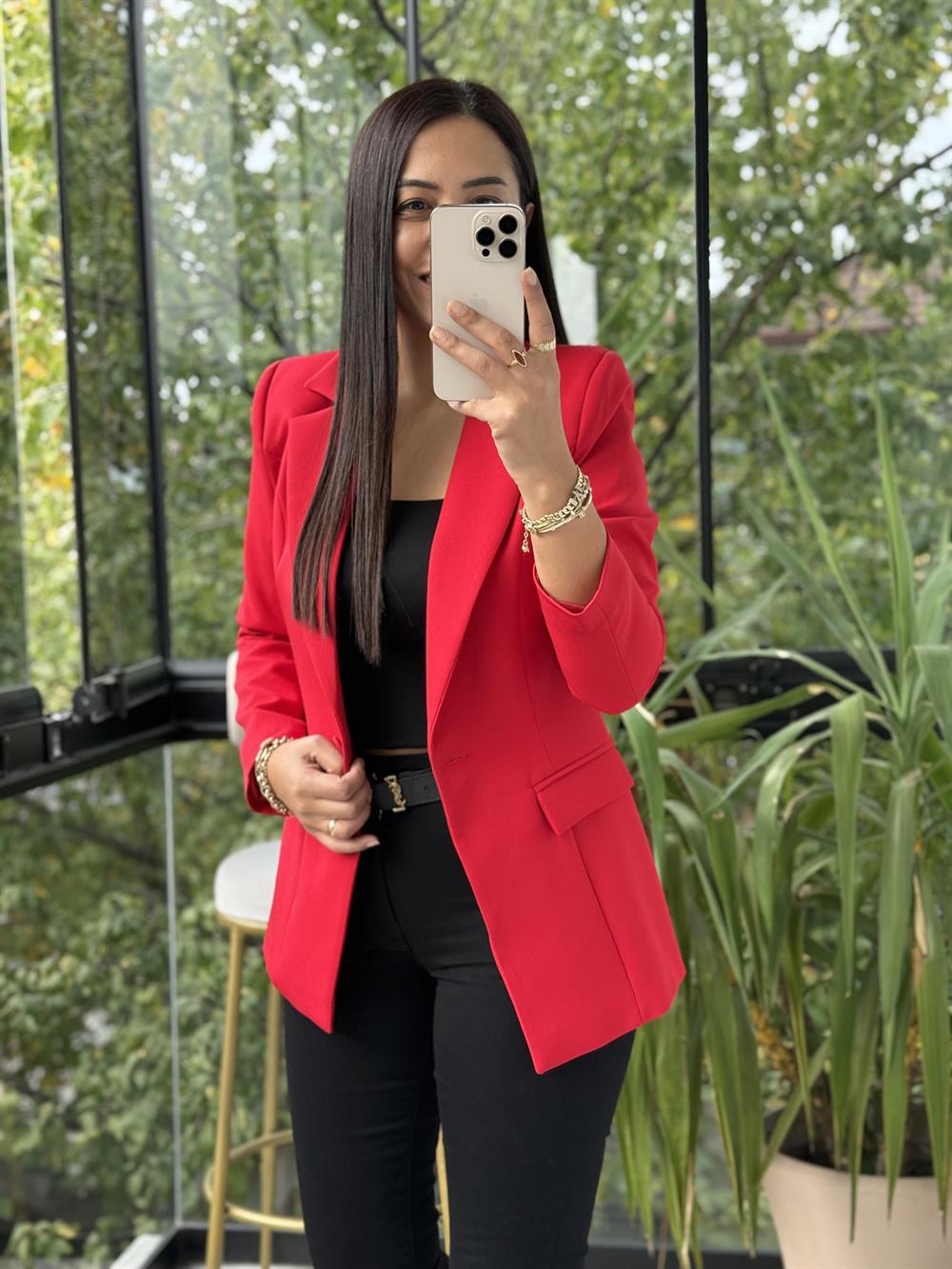 Tek Düğme Blazer Ceket Kırmızı