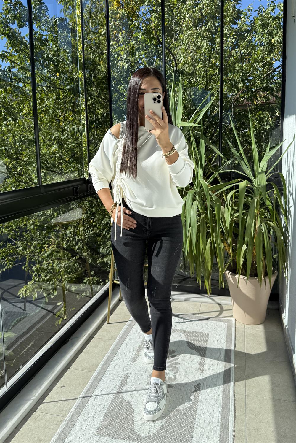 Taş Detay Kordonlu Modal Sweatshirt Ekru