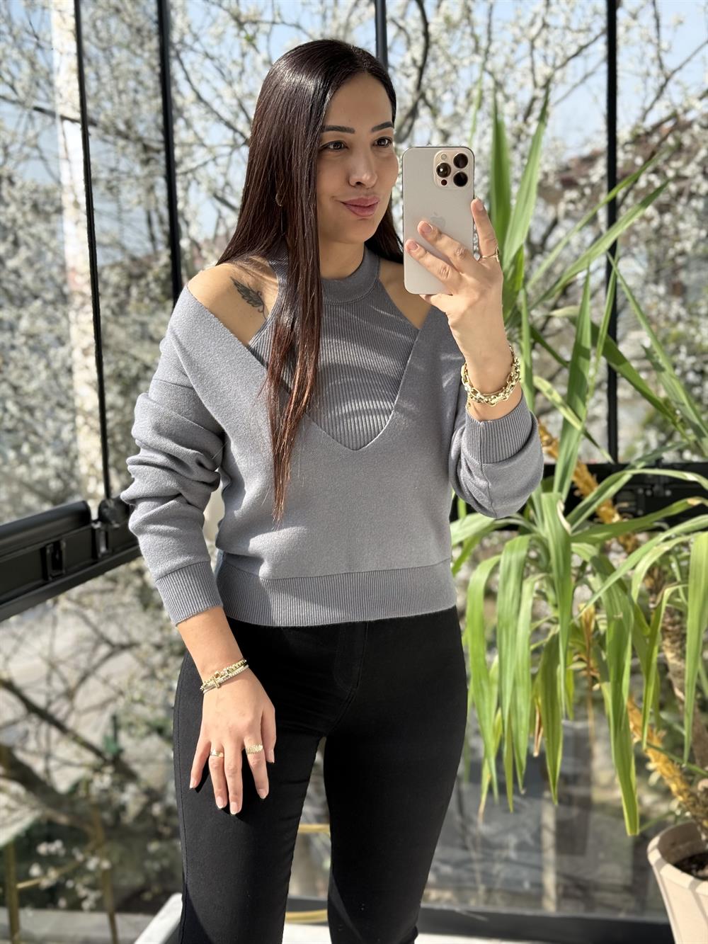 V Detay Atletli Triko Antrasit