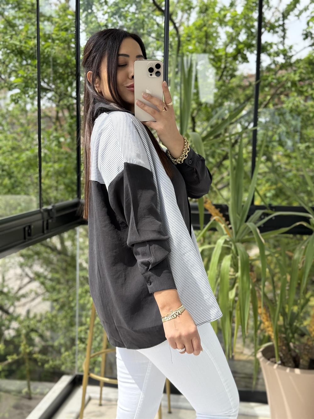 Mix Kumaş Taşlı Gömlek Siyah