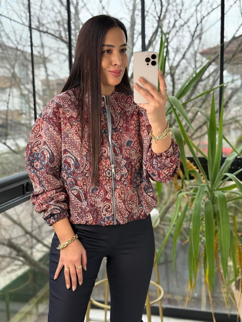 Venüs Desenli Bomber Ceket Bordo