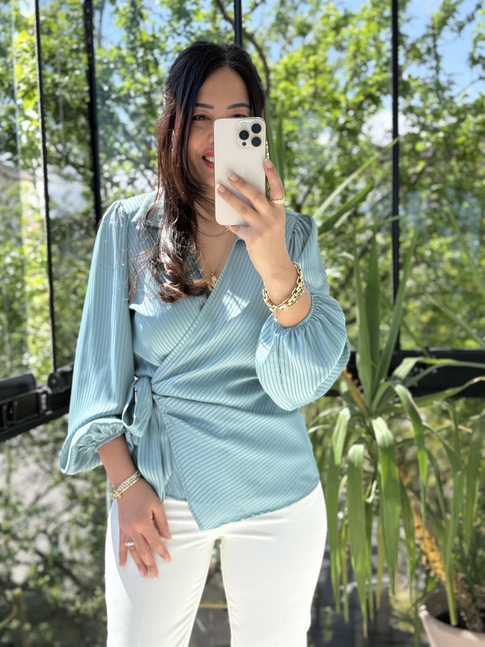 Yan Bağcıklı Yakalı Bluz Su Yeşili