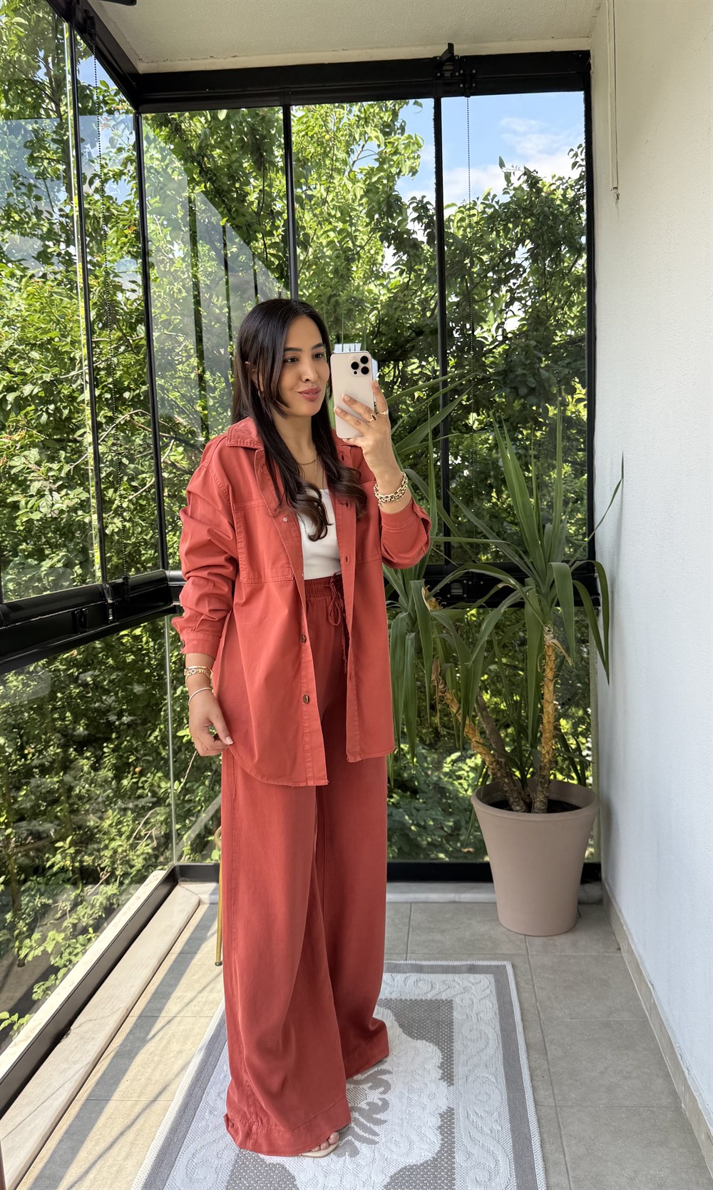 Düğmeli Oversize Gömlek Kiremit