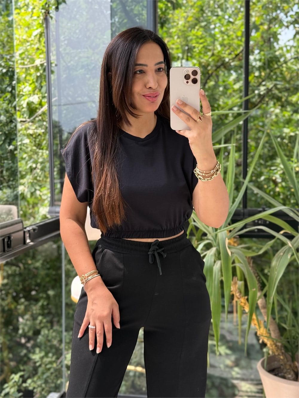 Beli Lastikli Crop Tişört Siyah