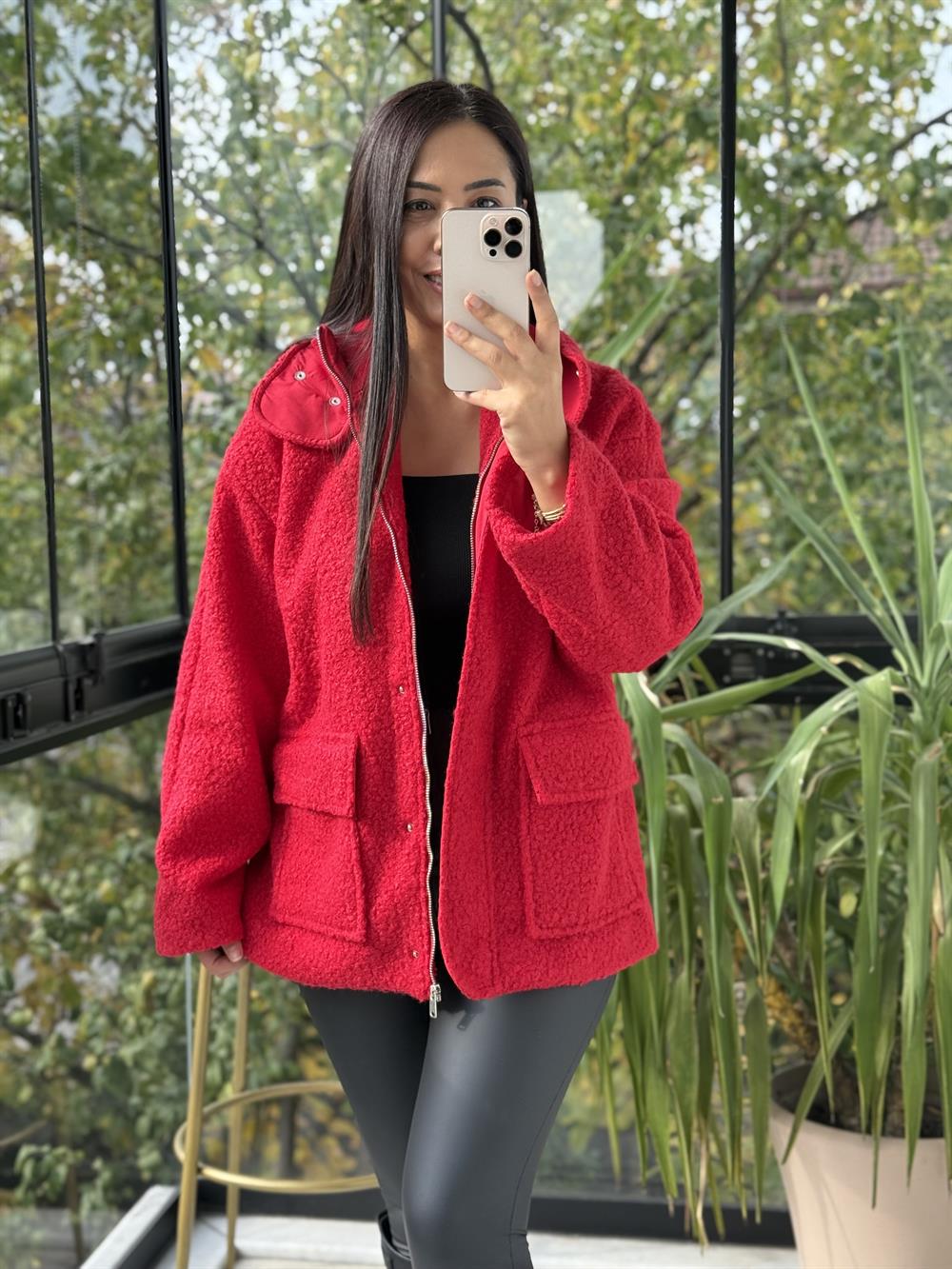 Cepli Kaşe Kaban Kırmızı