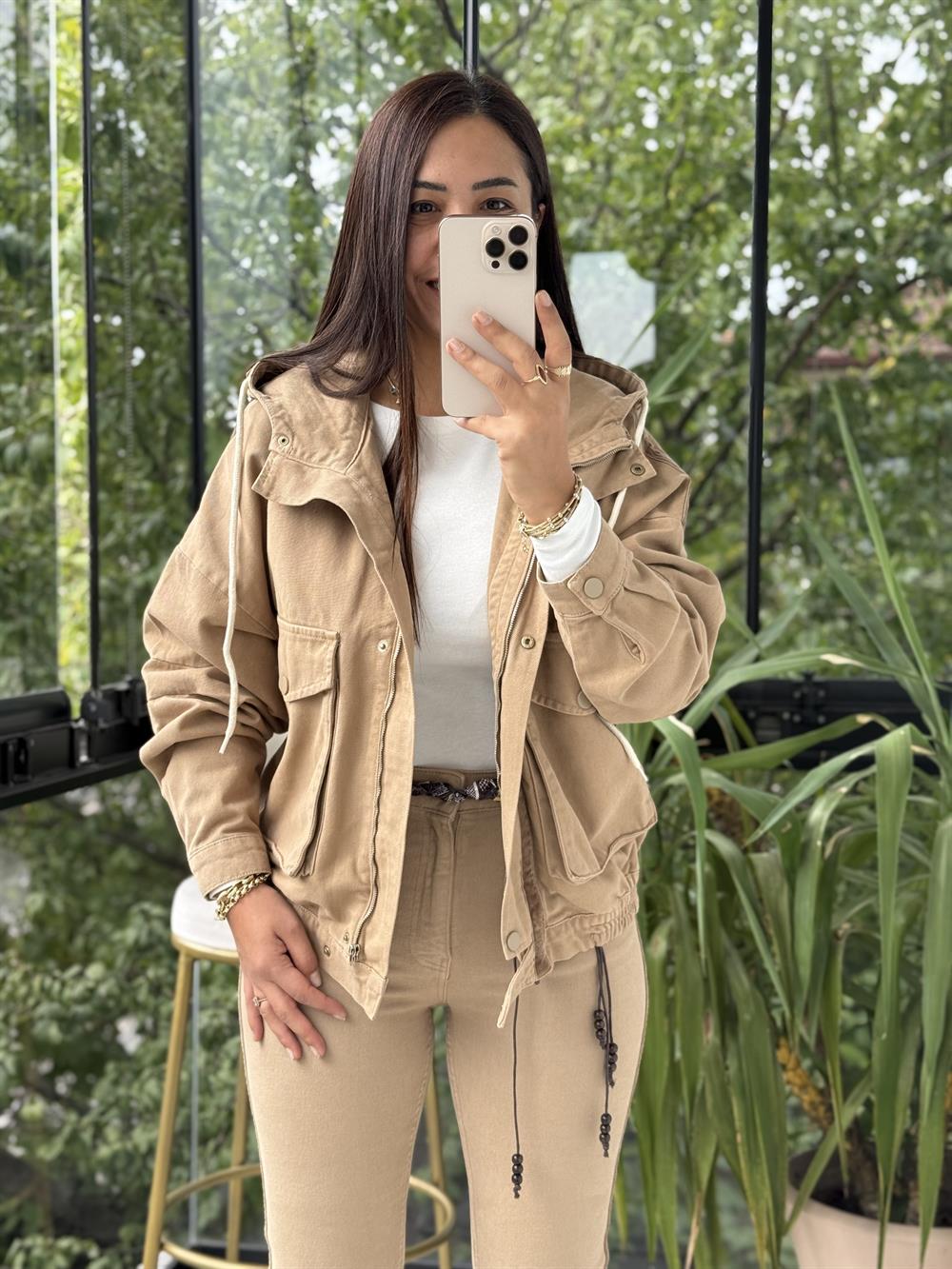 Kapüşonlu Kot Ceket Camel