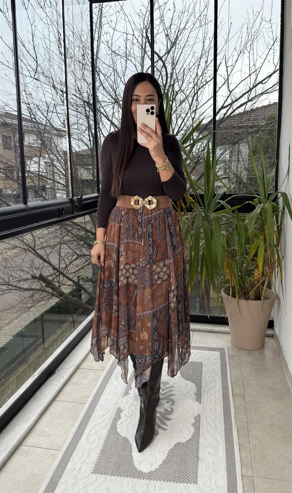 Etnik Desen Asimetrik Kesim Etek Kahve