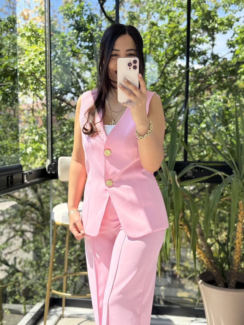 Yelekli Palazzo Takım Pembe