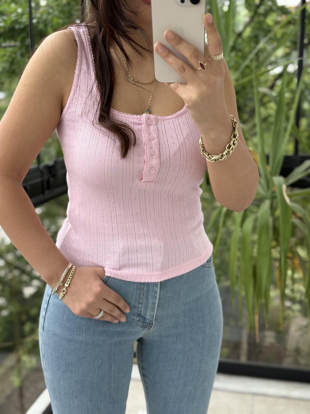 Dilvin Düğmeli Kare Yaka Top Atlet Pembe