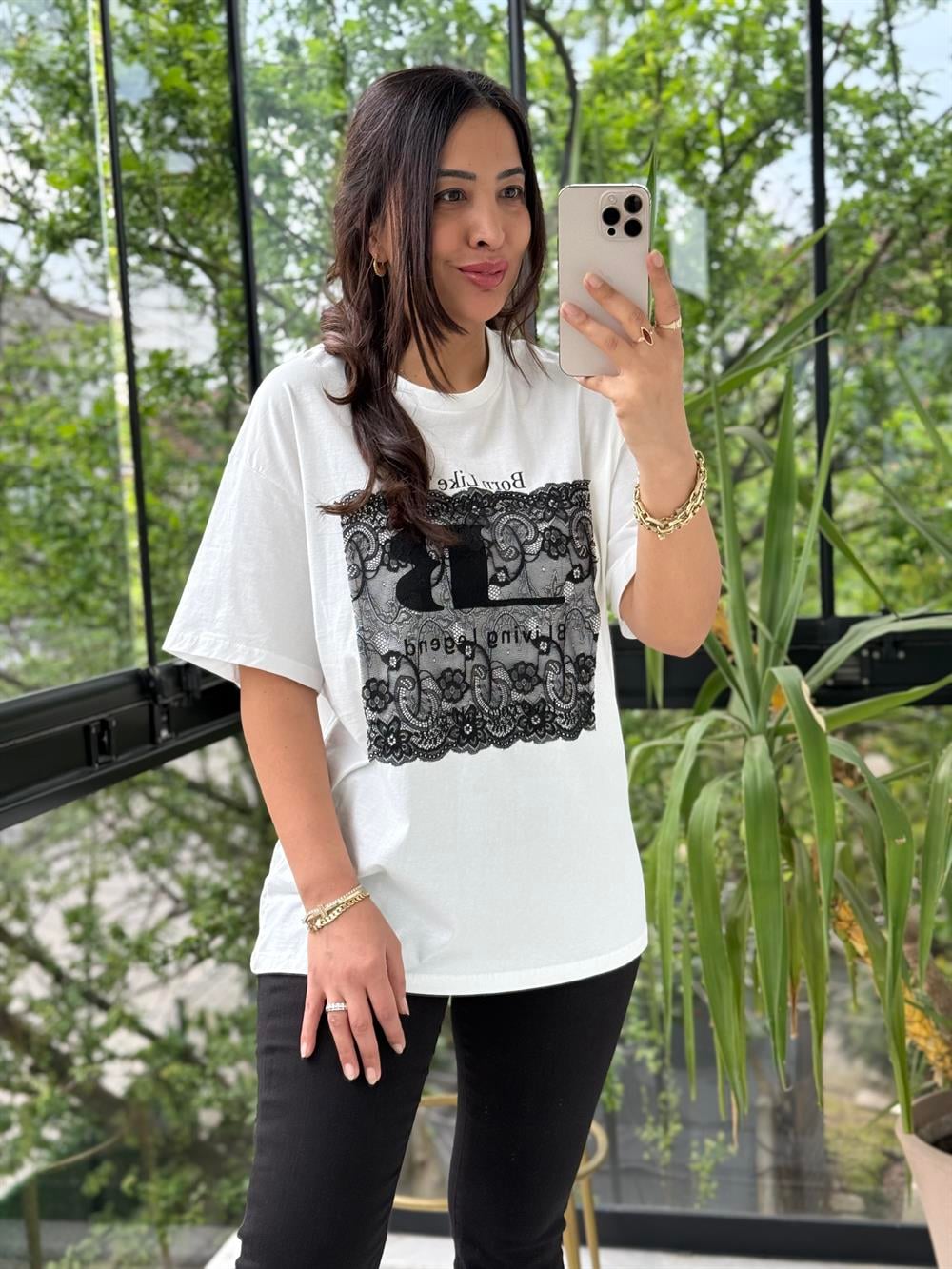 Tül Detaylı Yazılı Tişört Beyaz