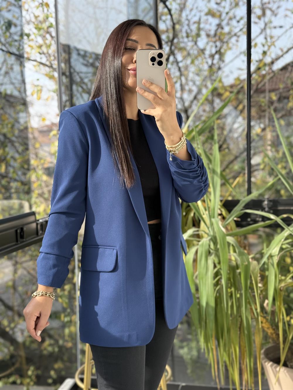 Kolu Büzgülü Blazer Ceket İndigo Mavi