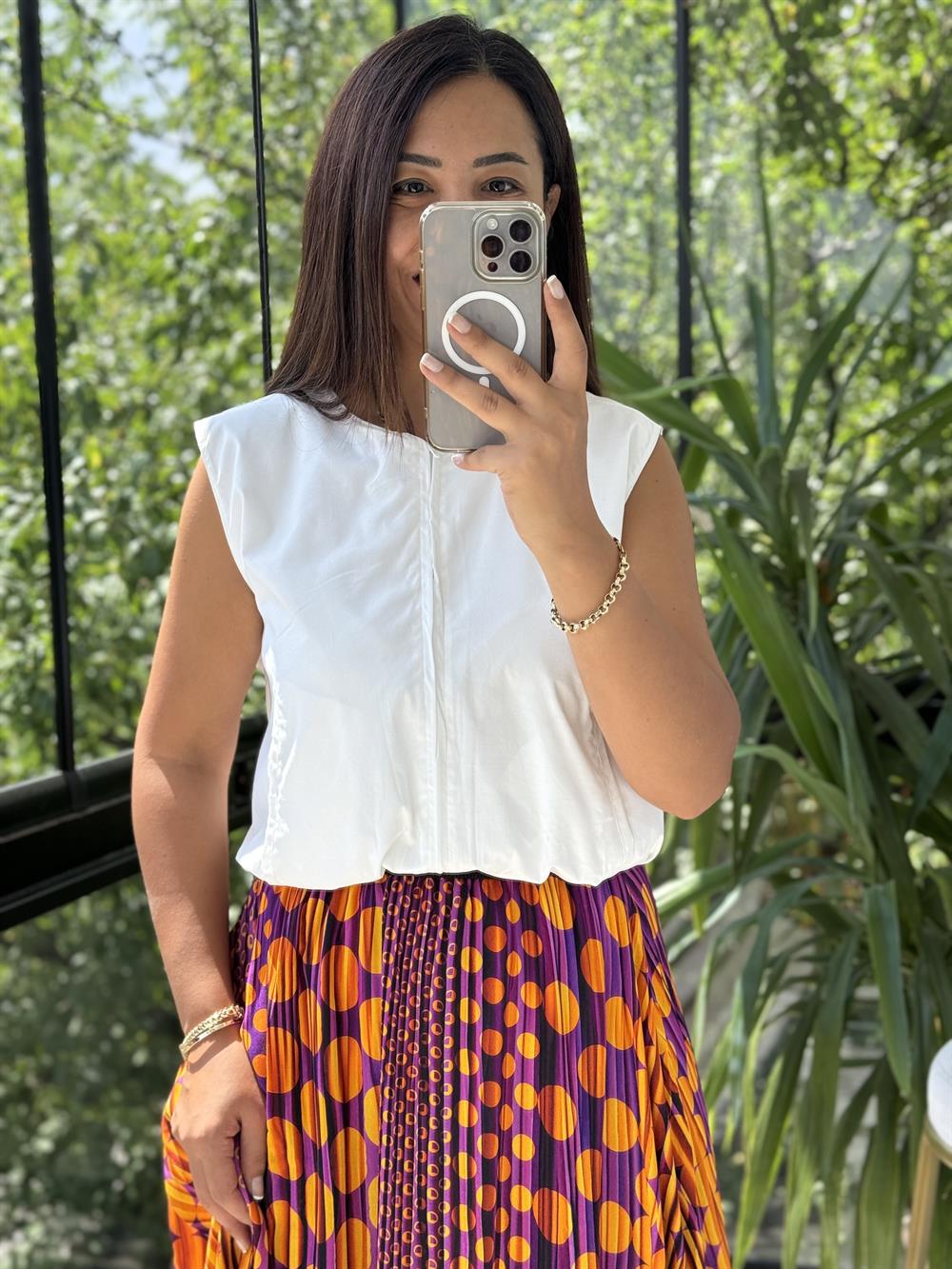 Fermuarlı Balon Bluz Ekru