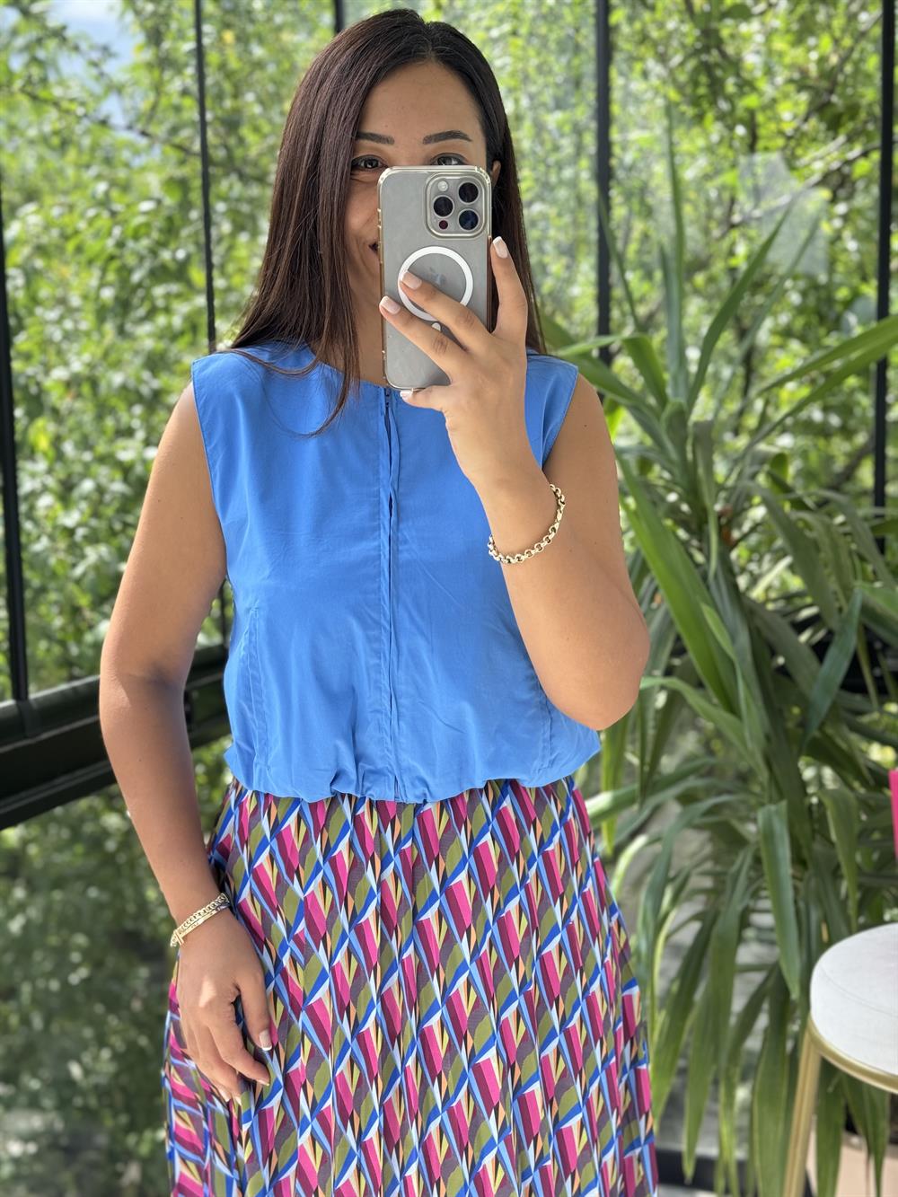 Fermuarlı Balon Bluz Mavi