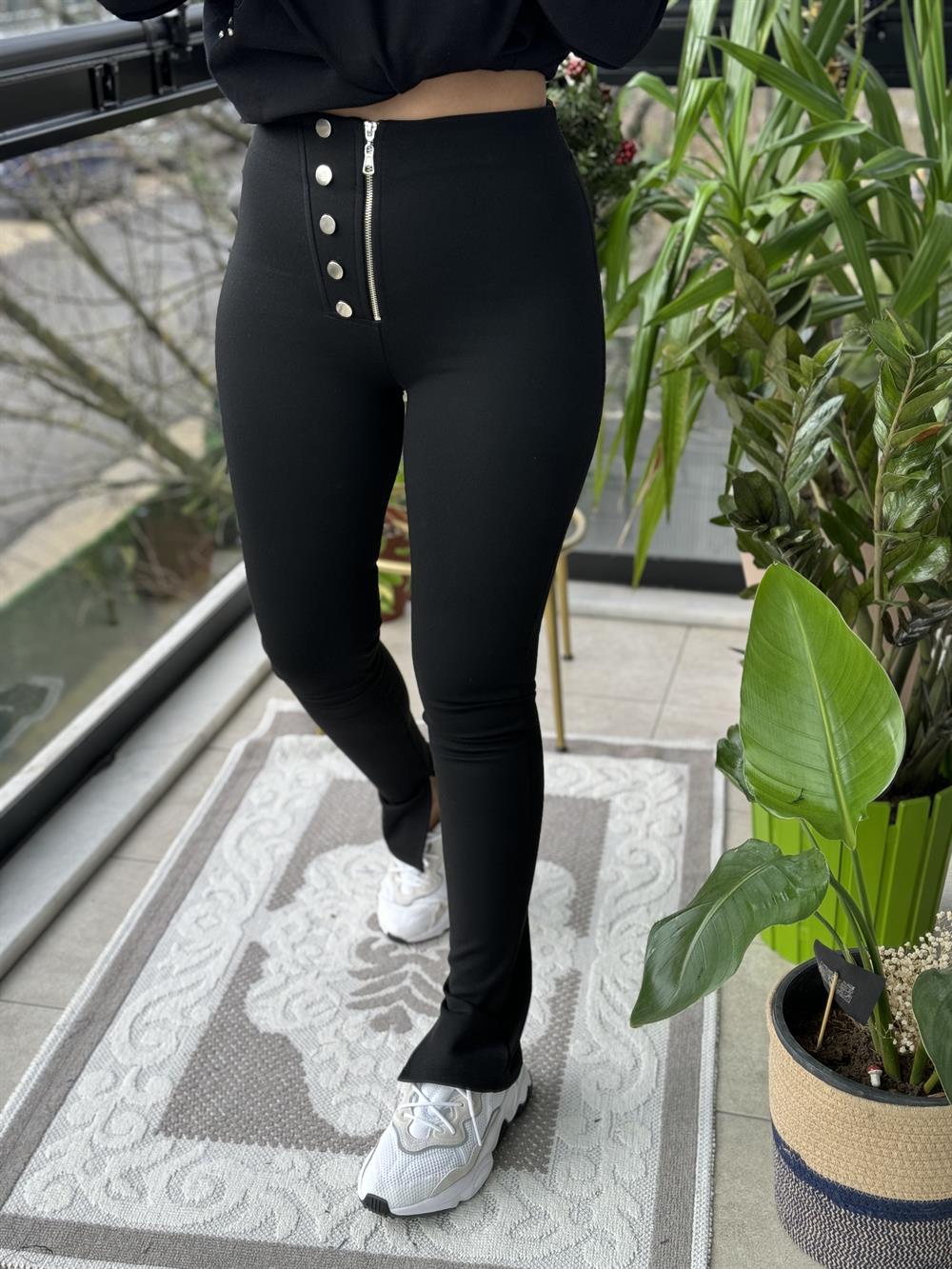 Fermuarlı Düğmeli Tayt Siyah