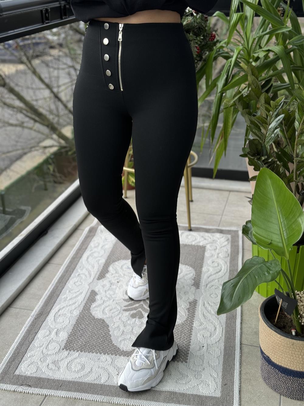 Fermuarlı Düğmeli Tayt Siyah