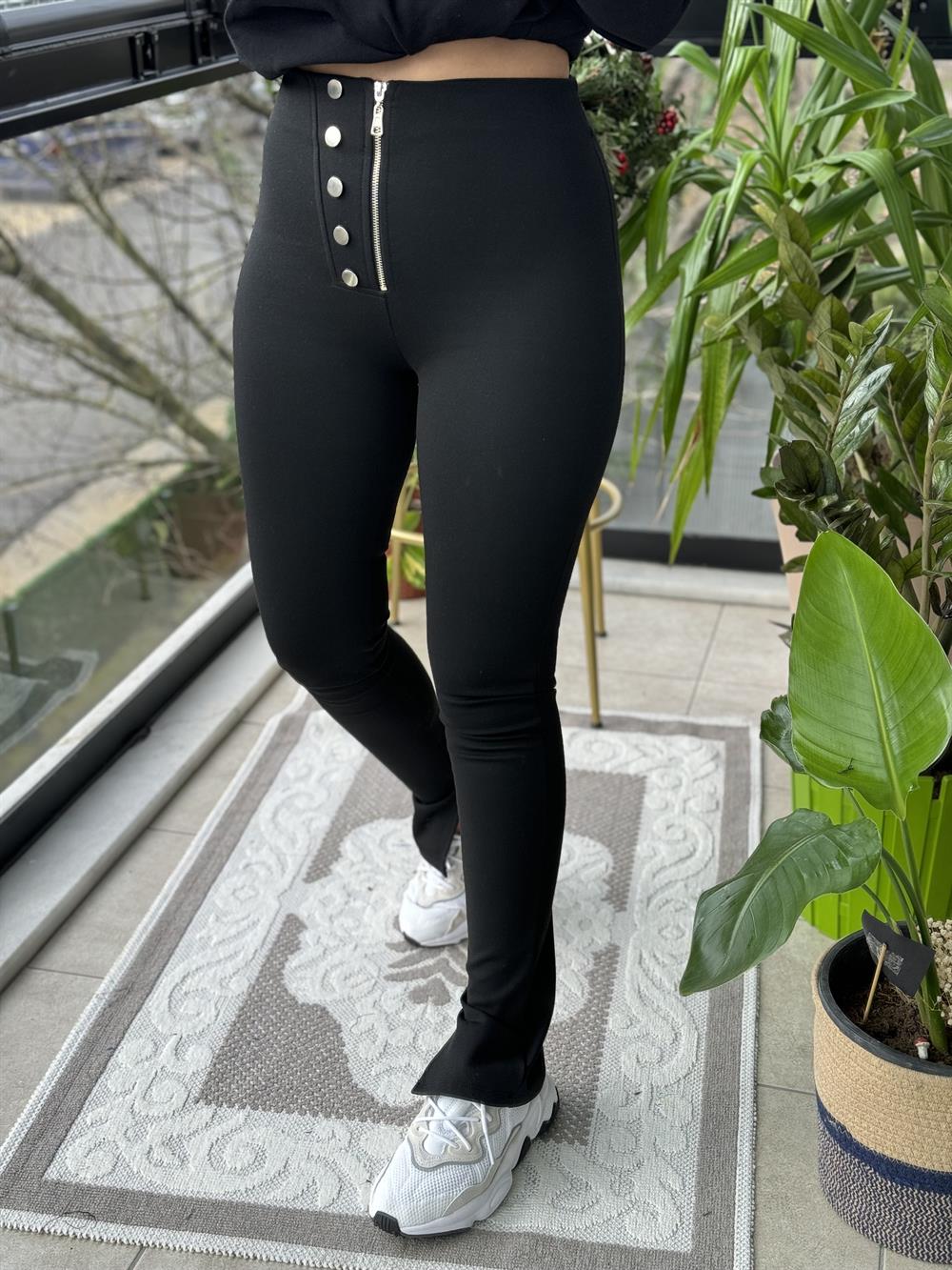 Fermuarlı Düğmeli Tayt Siyah