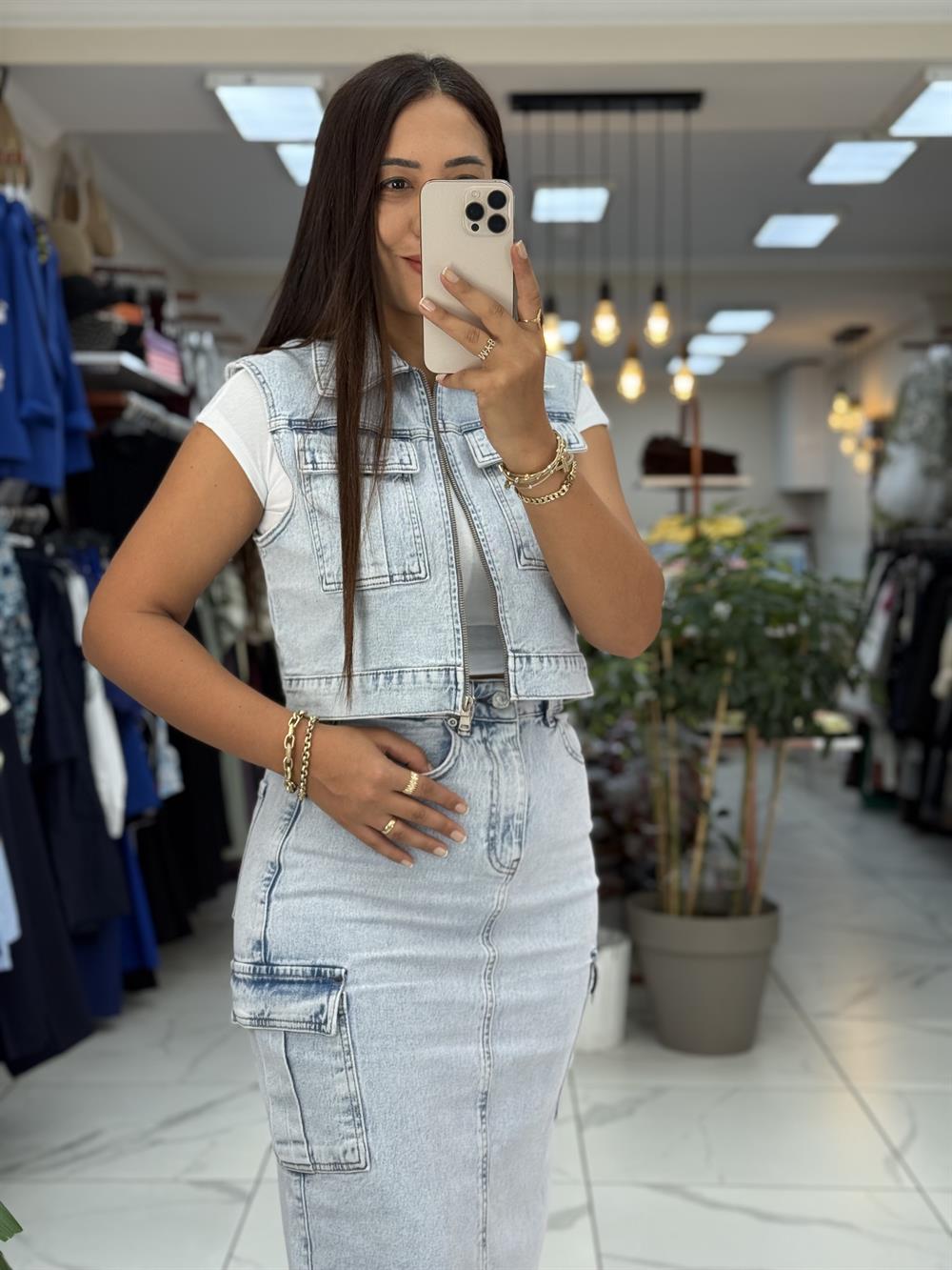 Fermuarlı Mini Kot Yelek Kar Yıkama