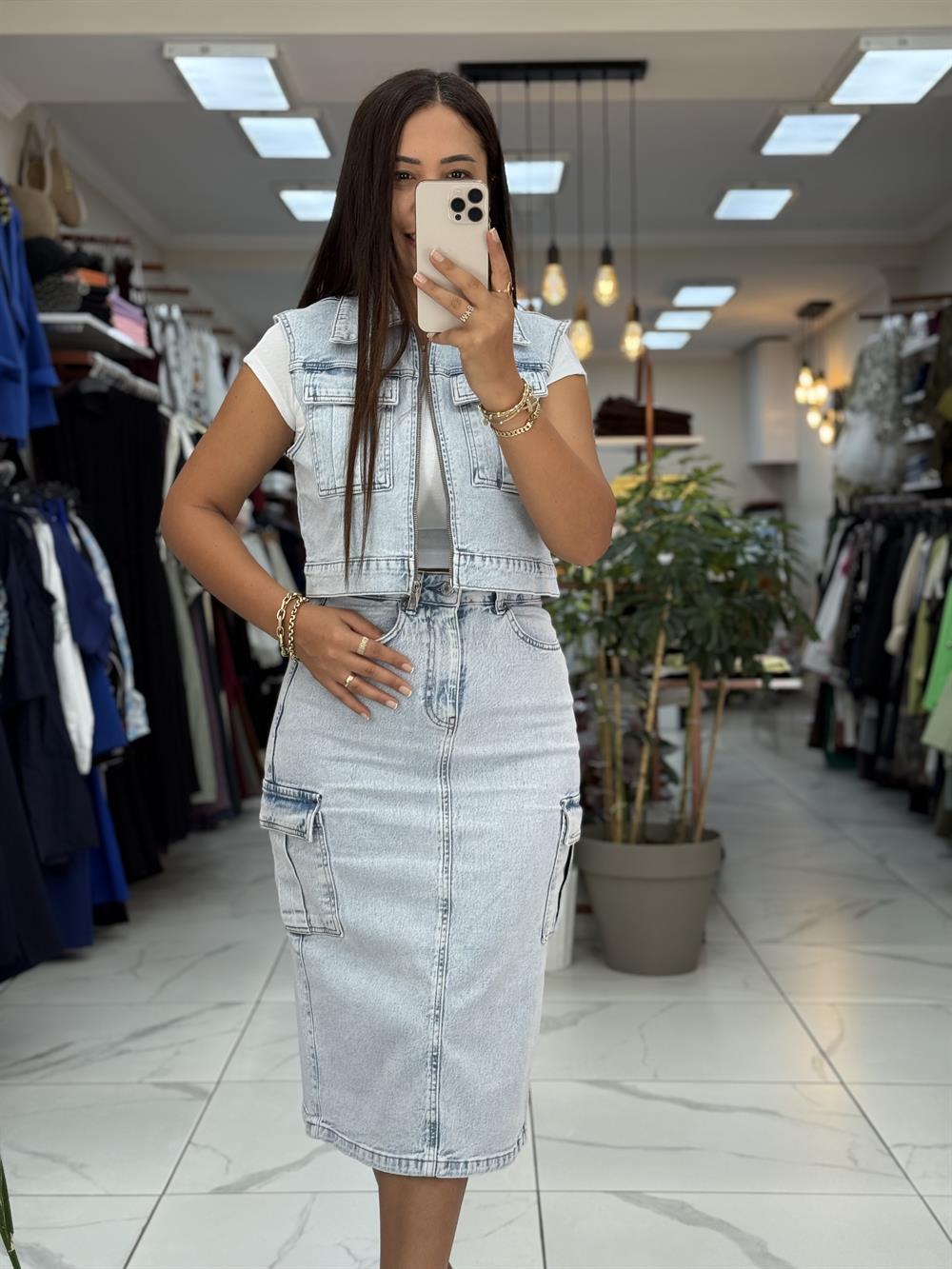 Fermuarlı Mini Kot Yelek Kar Yıkama