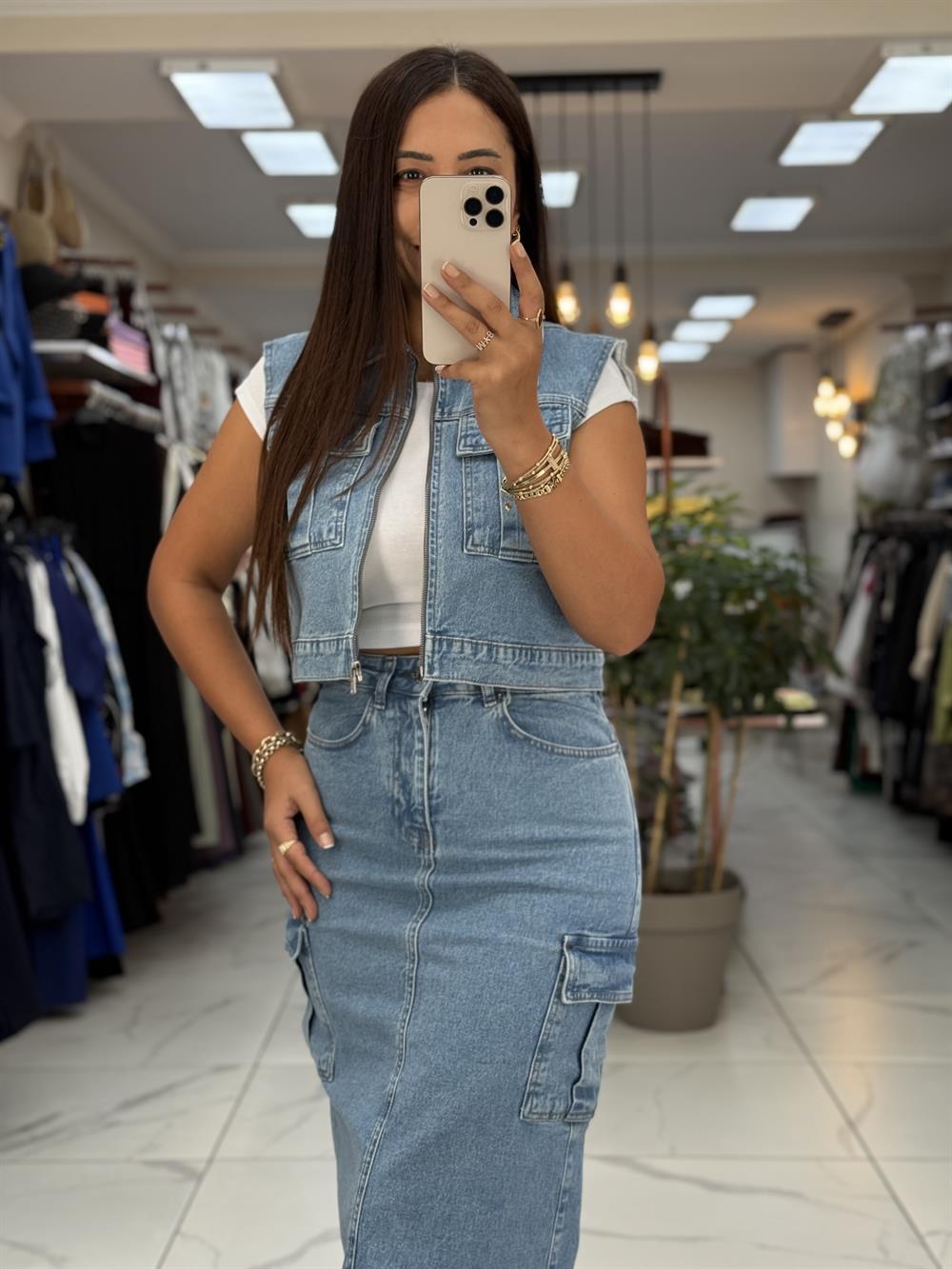 Fermuarlı Mini Kot Yelek Mavi