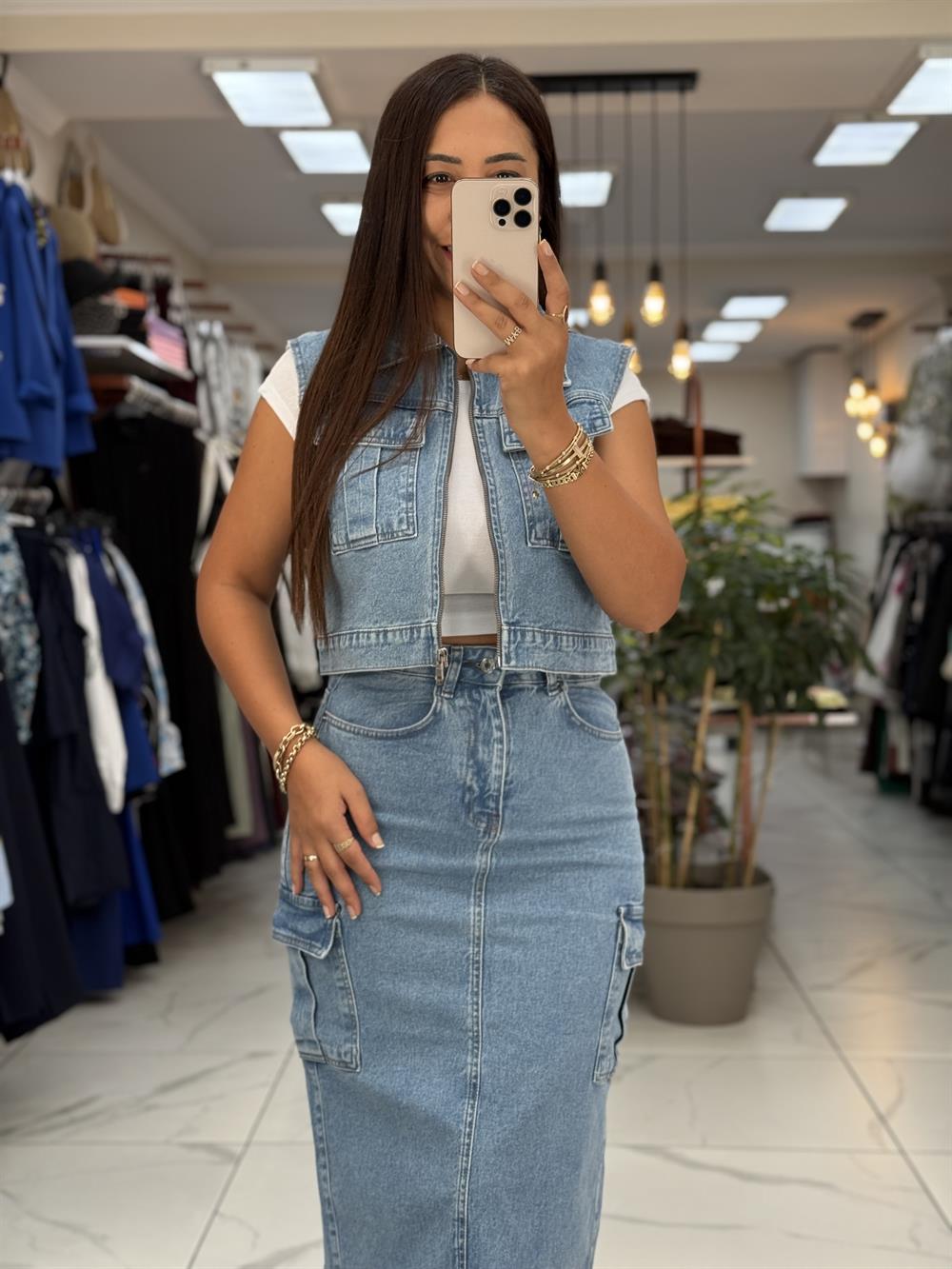 Fermuarlı Mini Kot Yelek Mavi