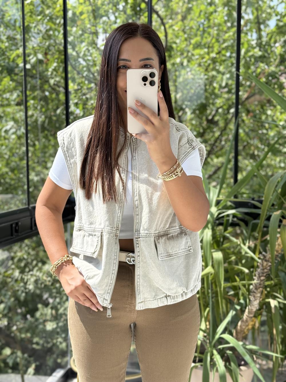 Fermuarlı Oversize Yelek Bej