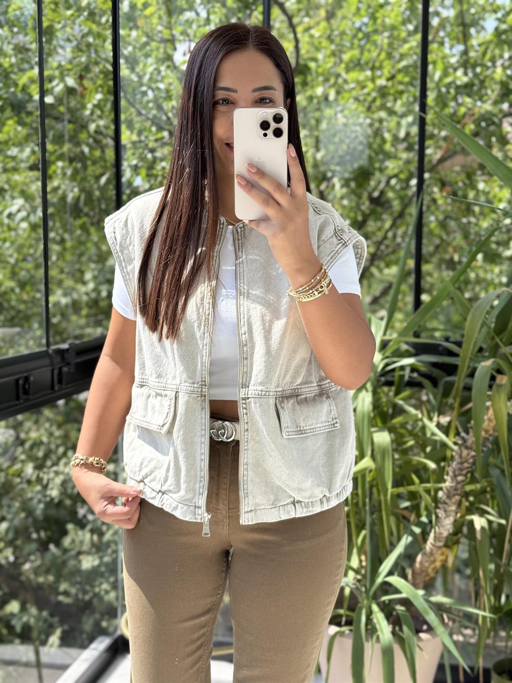 Fermuarlı Oversize Yelek Bej