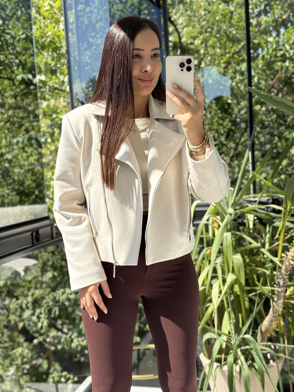 Fermuarlı Süet Mont Ceket Taş