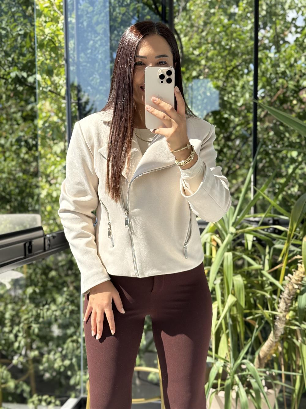 Fermuarlı Süet Mont Ceket Taş