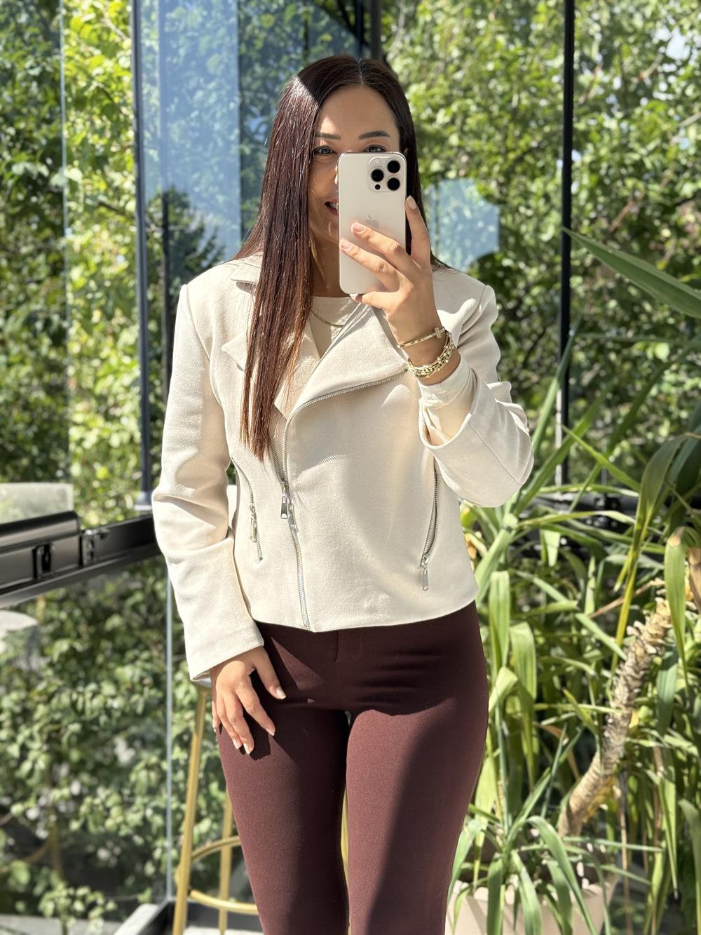 Fermuarlı Süet Mont Ceket Taş