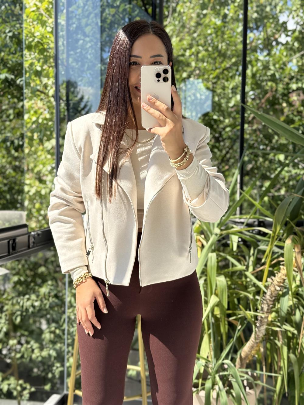 Fermuarlı Süet Mont Ceket Taş