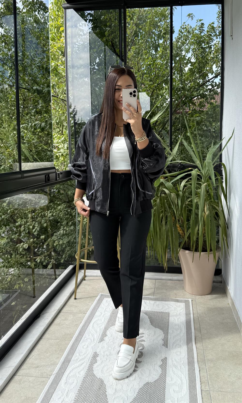 Fermuarlı Tül Bomber Ceket Siyah